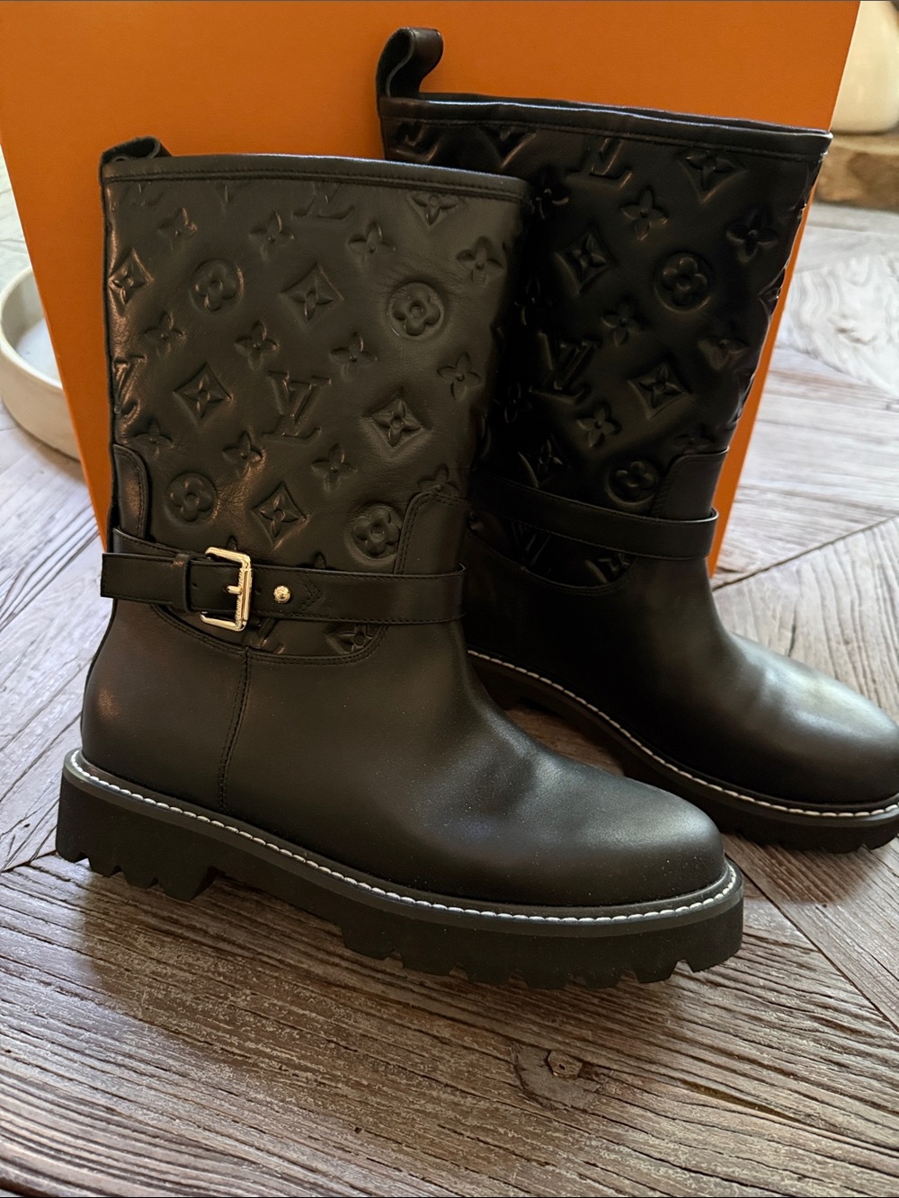 Black Monogram Embossed Leather Moto Boots